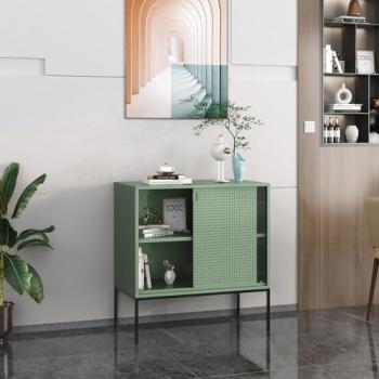Aparador Eidsvoll de Acero y Cristal Estriado con 2 Puertas, 85 x 80 x 45 cm - Verde Negro