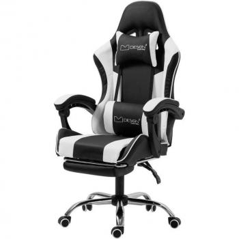 Silla Gaming Giratoria Ajustable Ergonómica Blanca/Negra con Función de Masaje, Reposabrazos, Reposacabezas y Cojín, Altura 121-128 cm