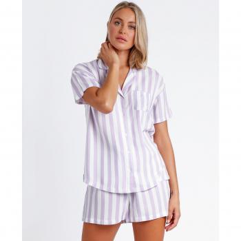 Pijama de mujer Admas Manga Corta Abierto Classic Stripes Azul con detalles bordados
