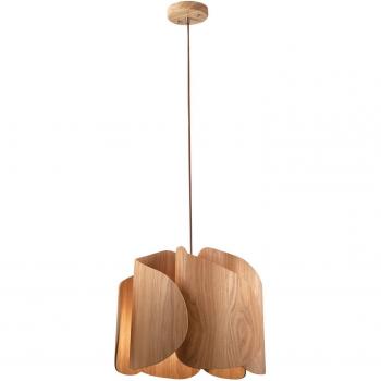 Lámpara colgante Pevero de Fabas Luce, madera de fresno, forma curva, cristal, E27