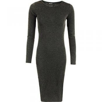 WearAll - Mujeres Manga Larga Stretch Bodycon llanura Ronda Midi Vestido Cuello - Gris Oscuro - 36-38