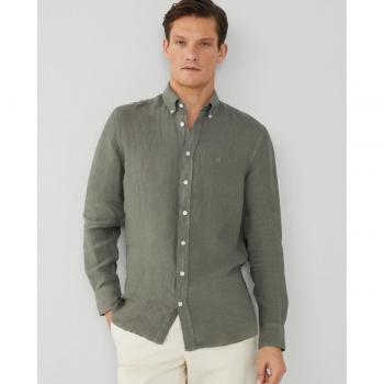 Camisa de lino slim fit teñida en prenda verde