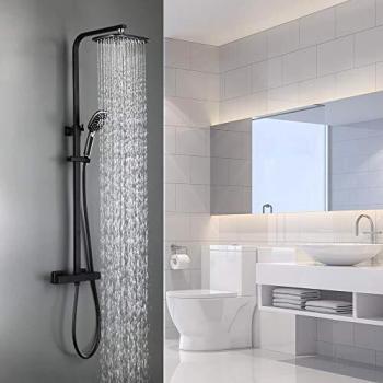 Auralum Columna Ducha Negro con Termostato, Barra Ducha Altura Ajustable 79.5-122.5cm, con 3 Funciones Ducha de Mano y ø195mm Ducha de Lluvia, Panel Set de Ducha