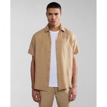 Camisa de lino Napapijri G-Linen SS para hombre, corte regular, lisa, color camel