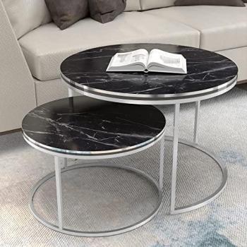 Set de 2 mesas de centro nido Skagen - Aglomerado y metal, mármol negro y plateado, 50 x ø 70 cm