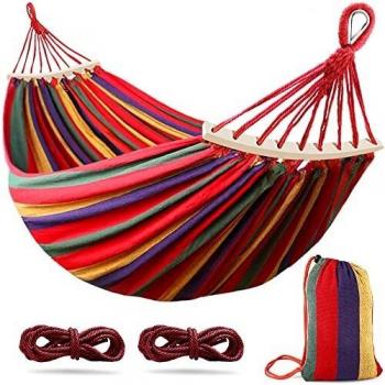 Hamaca Colgante Tela con Travesaños de Madera, 215 x 155 cm Hamaca Jardin Exterior Hamaca Camping, Capacidad de Carga de 250 kg