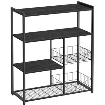 Estantería de cocina industrial con soporte para microondas, 80x35x95 cm, incluye cestas de malla metálica, estantes y ganchos, disponible en marrón rústico, nogal y greige o en
