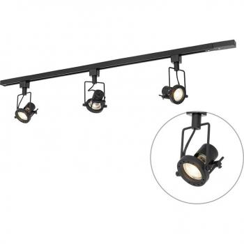 Sistema de carril con 3 focos monofásicos negros - Suplux, Aluminio / Acero / Plástico, diseño alargado, adecuado para LED, potencia máxima 3 x 50 Watt