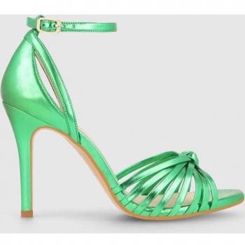 Sandalias de tacón de mujer en piel metalizada color verde con detalle de nudo y tiras