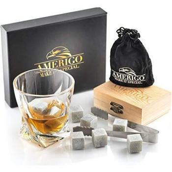 Amerigo Un Set Regalo de Lujo de Piedras Whisky Set de 9 Whisky Stones Gift Set - Cubitos de Hielo Reutilizables - Regalos para Hombre con Caja de Madera Hecha a Mano, Pinzas y 2 Posavasos