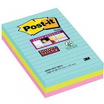 Notas rayadas superadhesivas Post-it Miami XXL 101 x 152 mm [paquete de 3]