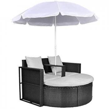 vidaXL Garden Bed with Parasol Black Poly Rattan