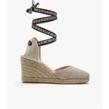 Alpargatas de cuña mujer beige con estampado y cordón