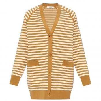 Max Mara Women's Beige Striped V-Neck Cardigan Size Small