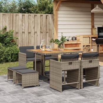 Set de Comedor de Jardín 9 Piezas con Cojines de Polyrattan Gris