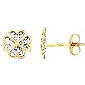 Pendientes oro bicolor 18k trébol 8mm. centro tallado presión