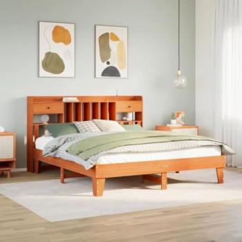 Cama sin colchón de madera maciza de pino marrón cera 180x200 cm