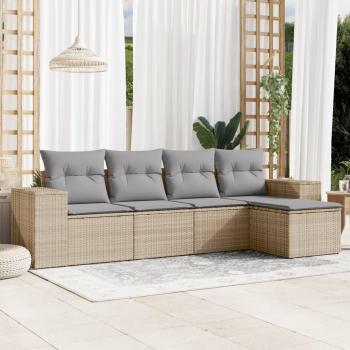 Juego de sofá de jardín 5 piezas Polyrattan beige con cojines