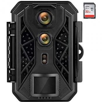 HAPIMP Cámara de Caza de Doble Lente 4K 32MP Camara Fototrampeo con Visión Nocturna Camara Caza Led Invisible con Velocidad de Disparo de 0,1 Segundos Fototrampeo con Tarjeta SD de 32GB Negro