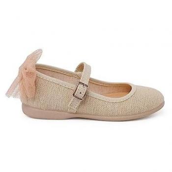 Merceditas de Niña con Lazo Trasero de Tul en Color Beige - Talla 26