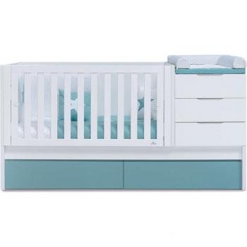 Cuna convertible Alondra Sero More con cajones inferiores y diseño blanco/verde-agua de 70x140 cm