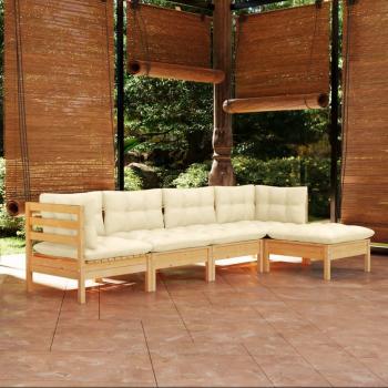 5-Piece Pinewood Garden Lounge Set with Cream Cushions