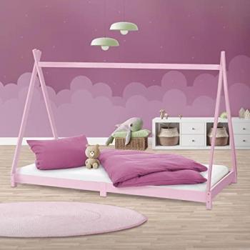 Cama Tipi Infantil de Madera de Pino Rosa con Somier 90x200 cm - Estructura Casa para Juegos