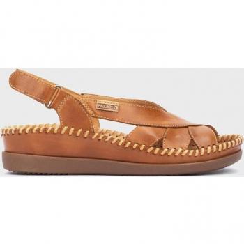 Sandalias de cuña de mujer de piel con cierre adherente en color marrón