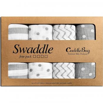 CuddleBug Mantas de Muselina Unisex - Paquete de 4 - Sabanas de Envolver, Paños de Algodon 100% - Tamaño Grande 120x120cm - Mantas Suaves de Lactancia Multiuso -