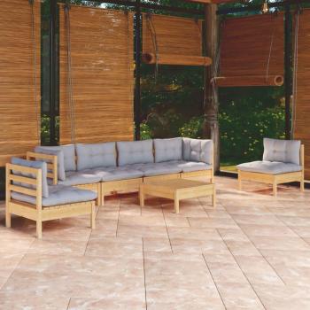 7-Piece Solid Pinewood Garden Lounge Set with Gray Cushions