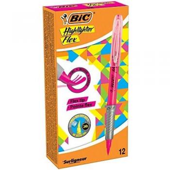 BIC Highlighter Flex - Pack de 12 marcadores, color rosa fluorescente