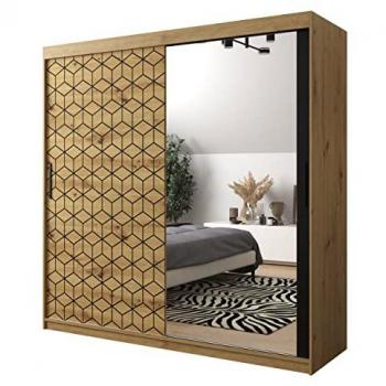 Armario Hartford 290, Negro y Roble Artisan, Correderas, 200x200x62cm, 9 Estantes
