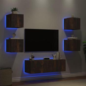 Muebles de TV de pared con luces LED 5 piezas roble ahumado Marrón