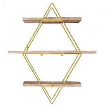 Estante de Pared en Forma de Rombo con 3 Niveles Dorado - Madera Maciza
