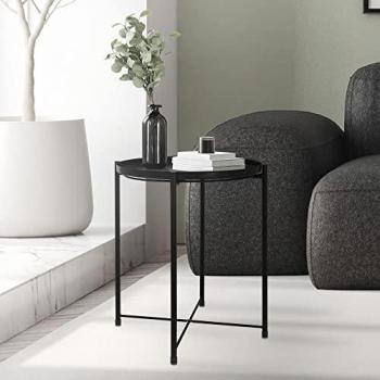 Mesa Auxiliar Redonda Plegable Ø45xAL52 cm Negra Metálica con Bandeja Extraíble, Estable y Robusta para Sofá y Café