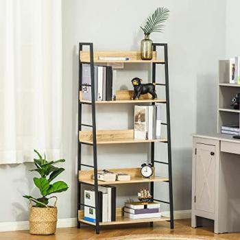 Estantería Librería HOMCOM de 5 Niveles con Marco de Metal, Carga 25 kg, Dimensiones 70x35x149,5 cm, Color Natural