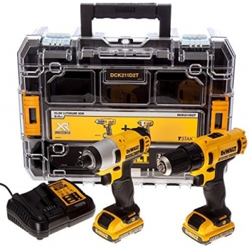 Kit Dewalt DCK211D2T-QW 10.8V: Taladro Atornillador XR, Atornillador de Impacto y Organizador TSTAK V con 2 Baterías Li-Ion 2.0Ah, 1840 W - Negro/Amarillo
