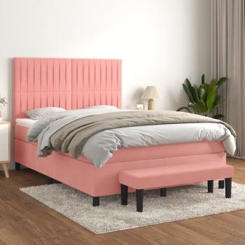 Cama box spring con colchón de muelles en terciopelo rosa 140x200 cm