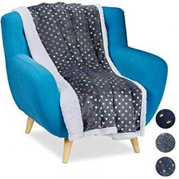Manta Cuddle con Corazones Dorados, Plaid Suave Efecto Pelo de Cordero, Doble Cara, 150x200 cm, Gris/Blanco - Relaxdays