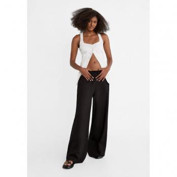 Stradivarius Black XL Wide-Leg Linen Blend Trousers with Elastic Waistband