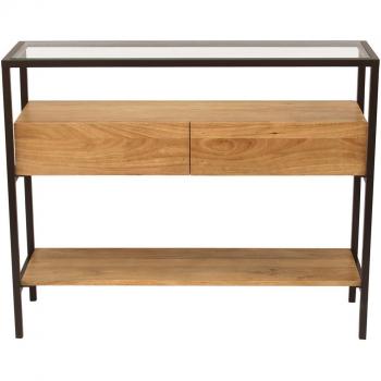Consola de madera maciza de mango y tablero de cristal con 2 cajones 100 cm SITA