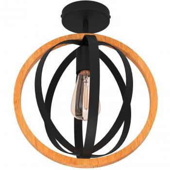Plafoniera Basildon de Madera y Acero, Lámpara de Techo Industrial E27, 1 Luz, Diseño Negro y Marrón
