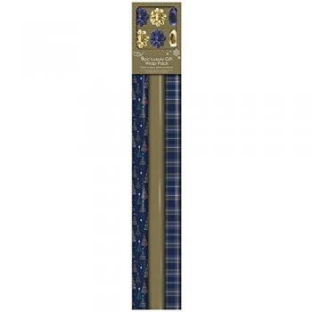 Clairefontaine X-29772-GWC - Un lot de 3 rouleaux papier cadeau 70g, 4 nœuds et 2 bolducs métallisés bleu/or, Bleu assorti