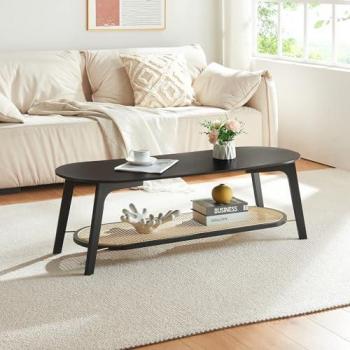 Mesa de Centro Ovalada Taivalkoski 120x43x40cm - Negro/Ratán con Estante Inferior