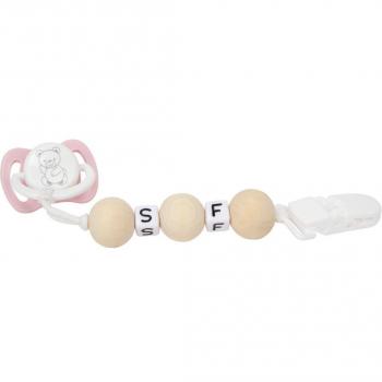 Muñecas Arias - Set Chupete Rosa/Blanco Con Cadena De Bolas De Madera Y Pinza Blanca 6364