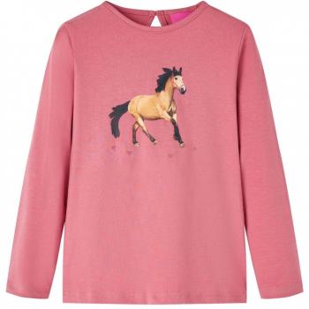 Camiseta Infantil de Manga Larga Estampado de Caballo en Jersey Rosa Envejecido 128