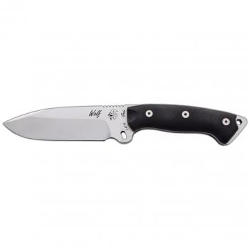 Cuchillo de Supervivencia WOLF J&V con mango G-10 negro, hoja de 14.5 cms y funda negra de piel, Herramienta de Camping para Pesca, Caza y Actividades Deportivas al Aire Libre