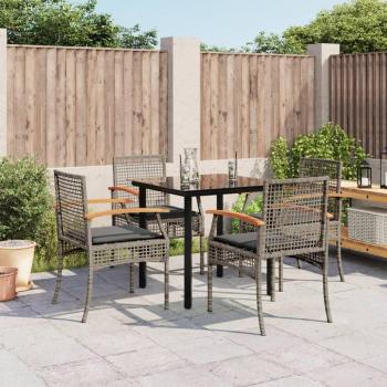 5-Piece Grey Poly Rattan Garden Dining Set with Cushions