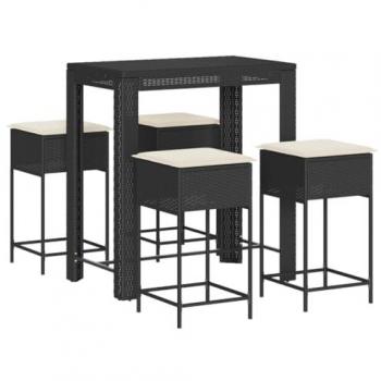 Juego de Bar de Jardín 5 Piezas con Mesa Alta y Taburetes, Cojines de Ratán PE Negro, Almohadas Incluidas