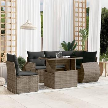 6-Piece Grey Poly Rattan Garden Sofa Set with Cushions